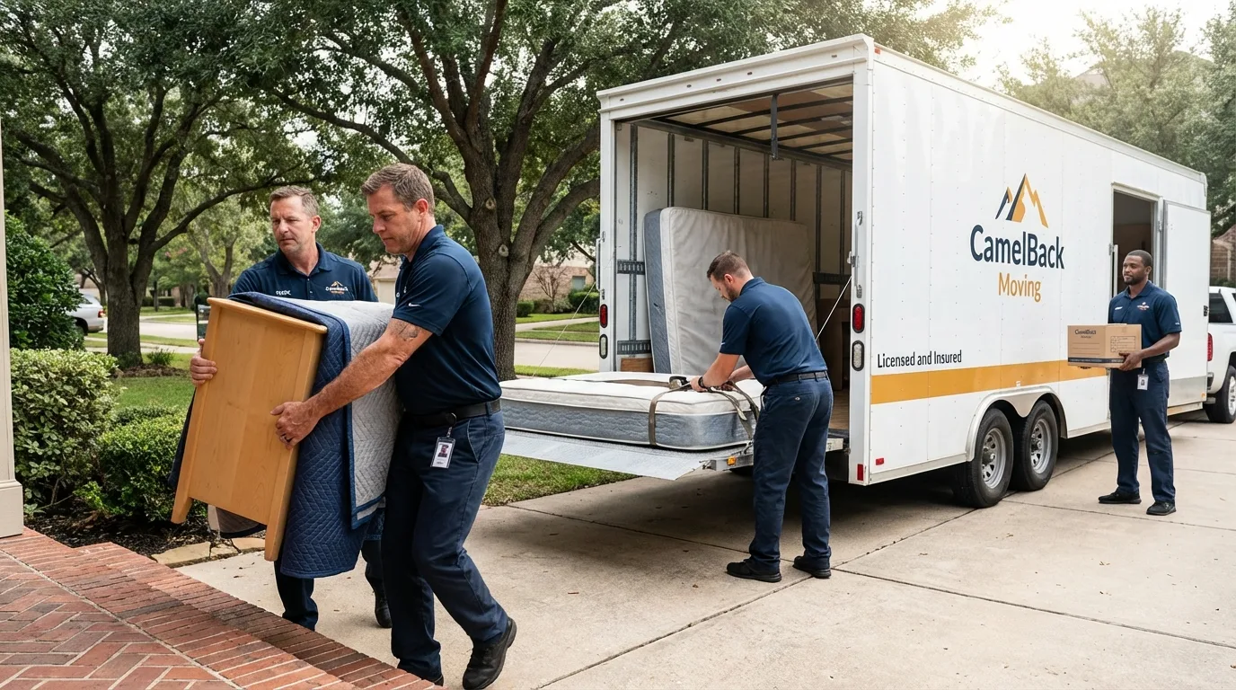 Crew loading residential truck for cross-state move from West Sacramento, CA