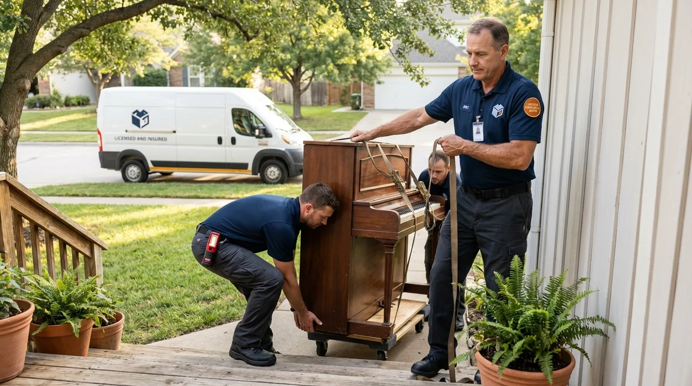 Licensed piano movers securing grand piano in West Sacramento, CA