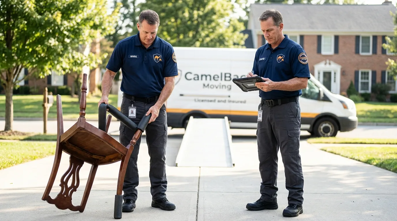 Movers inspecting furniture for damage prevention before loading in West Sacramento, CA