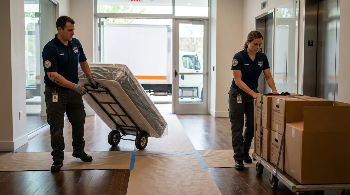 Professional apartment movers loading elevator in West Sacramento, CA