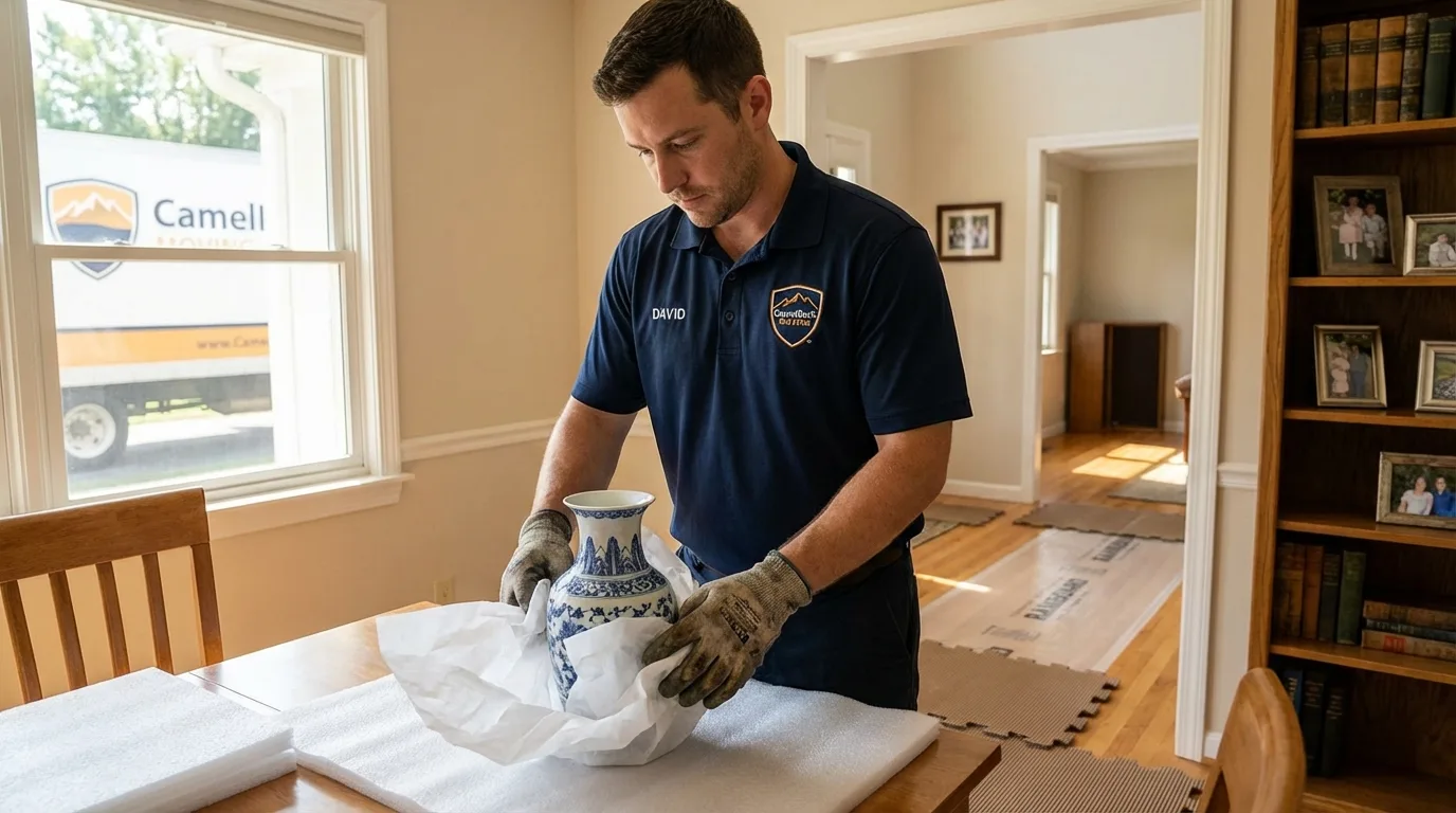 Professional crew carefully wrapping antique vase for senior downsizing move in West Sacramento, CA
