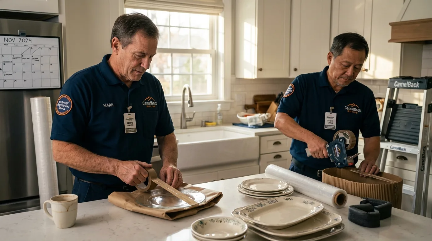 Professional crew packing kitchen dishware in West Sacramento, CA
